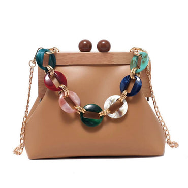 Designer Wooden Clutch Crossbody Bag With Acrylic Bold Chains - Brown - Luxury bags by WAAMII