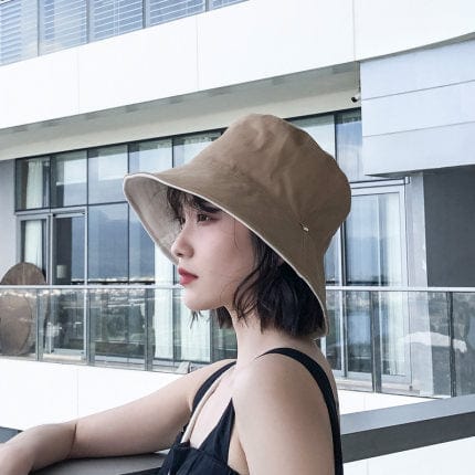 Double-side-wear Fisherman Cap Packable Sun Hat Accessories WAAMII khaki+beige(brim 8cm)  