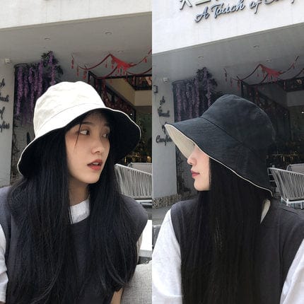Double-side-wear Fisherman Cap Packable Sun Hat Accessories WAAMII black+beige(brim 8cm)  