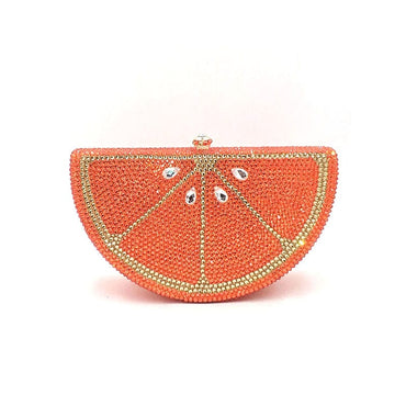 Double Sided Full Crystal Metallic Lemon Orange Fruit Clutch Evening Purse - Orange 02 - Luxury bags by WAAMII