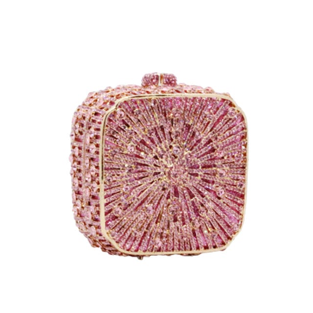Double Sided Hollow Out Full Crystal Mini Box Clutch Evening Purse bags WAAMII pink  