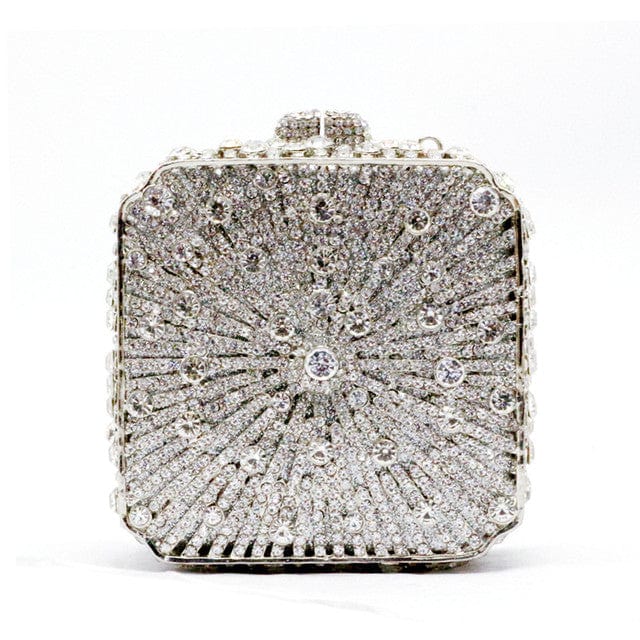 Double Sided Hollow Out Full Crystal Mini Box Clutch Evening Purse bags WAAMII silver  