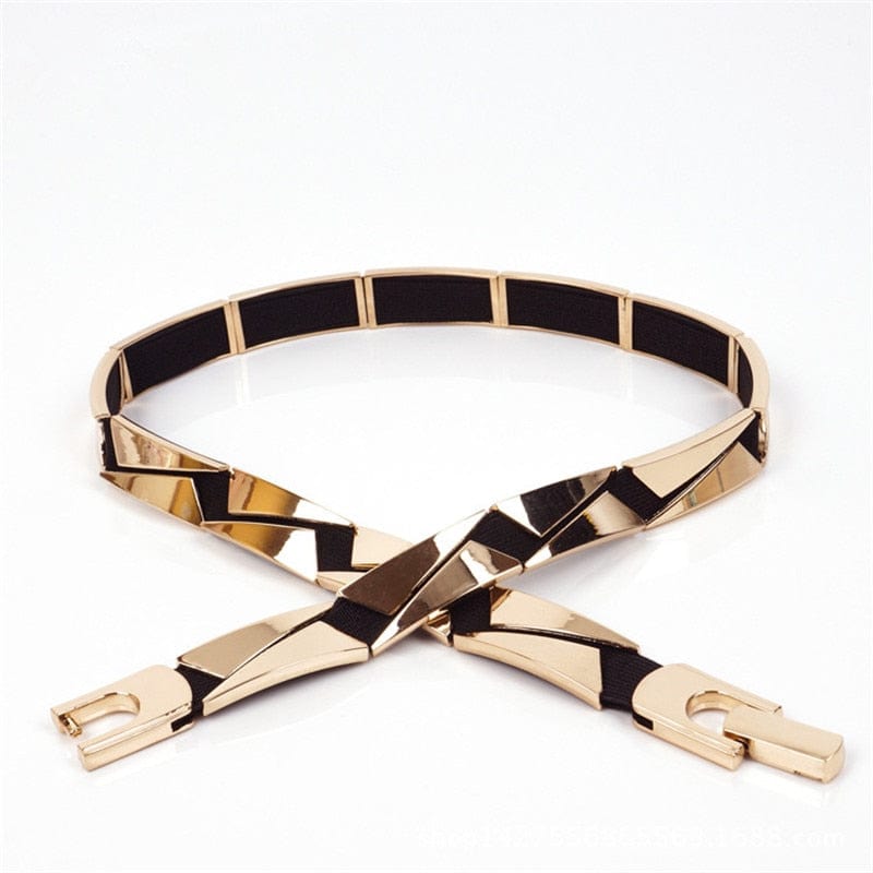 Elastic Metallic Mirror Gold Black Tone Thin Waist Belt Accessories WAAMII   