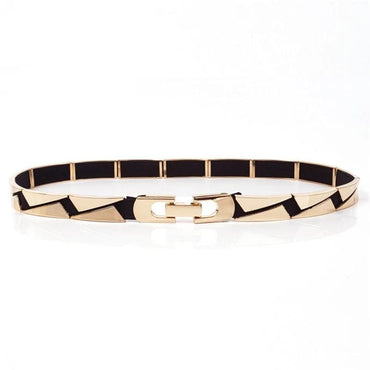Elastic Metallic Mirror Gold Black Tone Thin Waist Belt - - Luxury Accessories by WAAMII