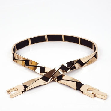 Elastic Metallic Mirror Gold Black Tone Thin Waist Belt - - Luxury Accessories by WAAMII