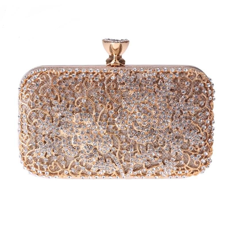 Elegant Crystal Hollow Out Metal Clutch Bag Ladies Purse bags WAAMII Gold  