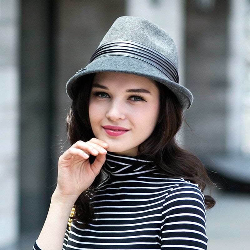 Elegant Women's Wool Fedora Trimmed With Hatband-Gray Accessories WAAMII   