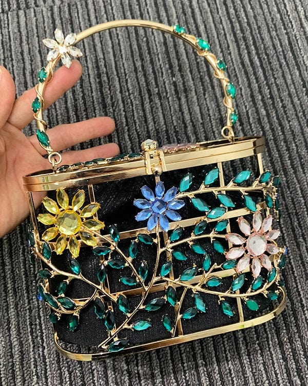 Floral Hollow Out Metallic Cage Clutch bags WAAMII   