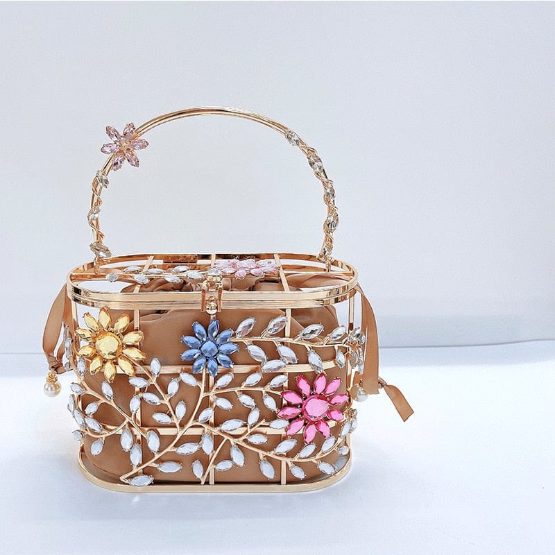 Floral Hollow Out Metallic Cage Clutch bags WAAMII   