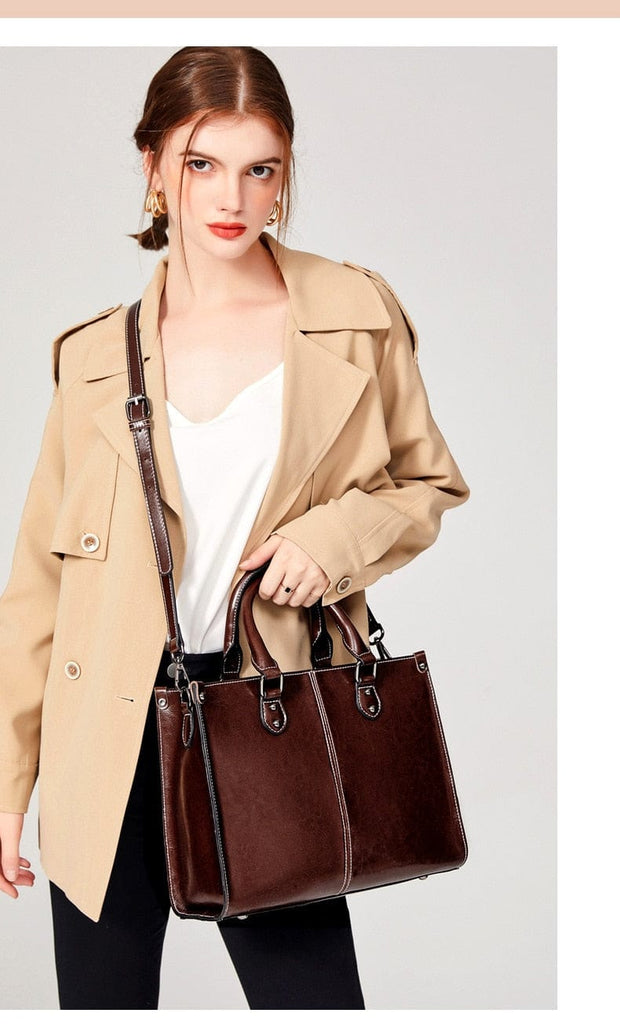 Genuine Leather Oil Wax Leather Square Tote bags WAAMII   