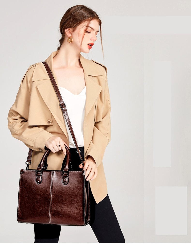 Genuine Leather Oil Wax Leather Square Tote bags WAAMII   