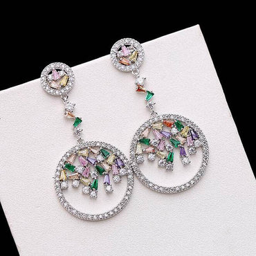 Glossy Silver-Plated Colored Stone Circle Drop Earrings - - Luxury Jewelry by WAAMII