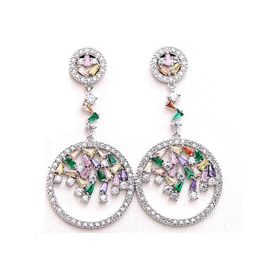 Glossy Silver-Plated Colored Stone Circle Drop Earrings - - Luxury Jewelry by WAAMII