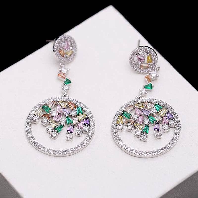 Glossy Silver-Plated Colored Stone Circle Drop Earrings Jewelry WAAMII   