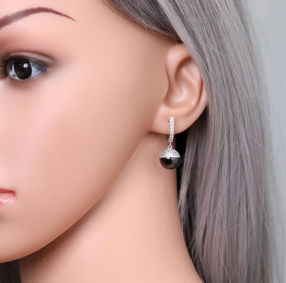 Glossy Silver-Tone Ceramic Zircon Ball Hook Earrings Jewelry WAAMII   