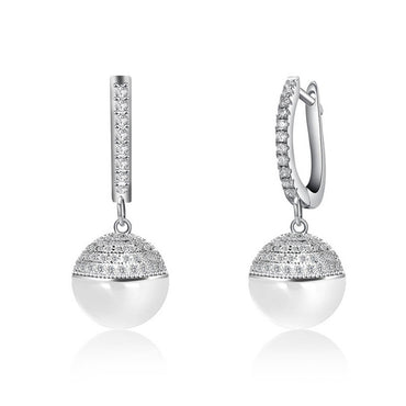 Glossy Silver-Tone Ceramic Zircon Ball Hook Earrings - silver and white A - Luxury Jewelry by WAAMII