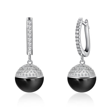 Glossy Silver-Tone Ceramic Zircon Ball Hook Earrings - silver and black B - Luxury Jewelry by WAAMII