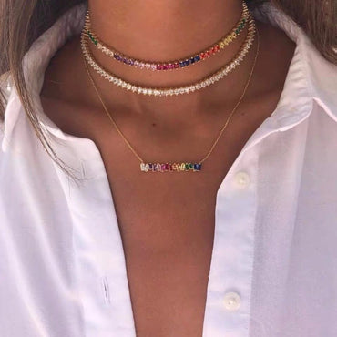 Gold Plated Rainbow AAA Cubic Zirconia Tennis Chain Necklace Choker - - Luxury Jewelry by WAAMII