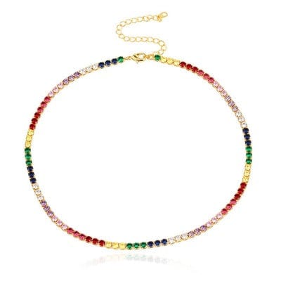 Gold Plated Rainbow AAA Cubic Zirconia Tennis Chain Necklace Choker Jewelry WAAMII Type A Rainbow Necklace  