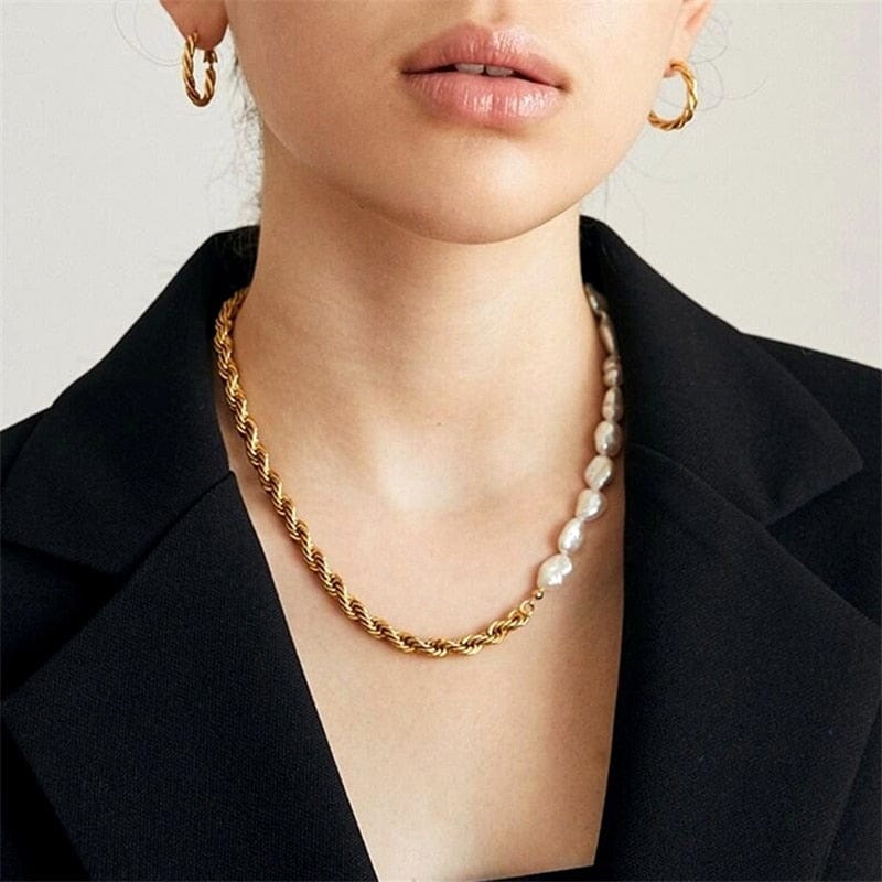 Half Freshwater Pearl Half Rope Twist Gold Chain Necklace