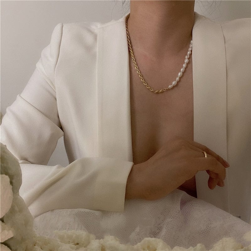 Gold Plating Half Freshwater Pearl Half Rope Twist Gold Chain Choker Necklace - - Luxury Jewelry by WAAMII