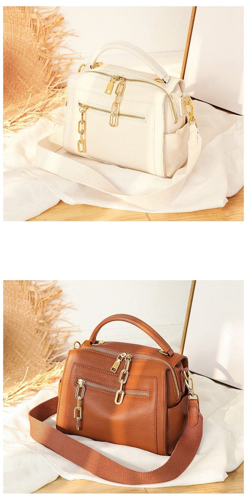 Gold-tone Chains Zippered Top Grain Genuine Leather Boston Satchel bags WAAMII   