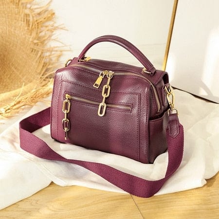 Gold-tone Chains Zippered Top Grain Genuine Leather Boston Satchel bags WAAMII Purple  