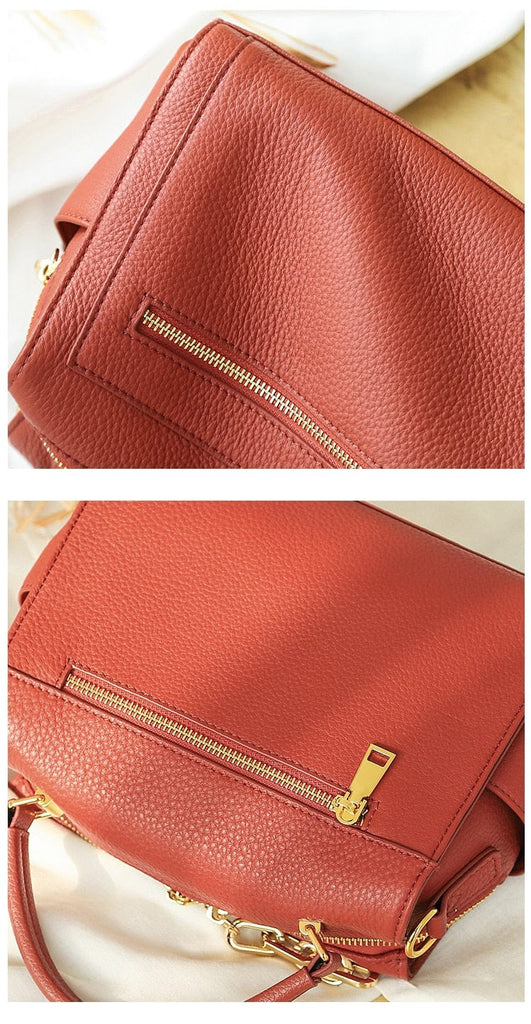Gold-tone Chains Zippered Top Grain Genuine Leather Boston Satchel bags WAAMII   