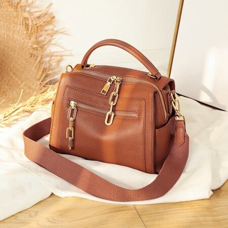 Gold-tone Chains Zippered Top Grain Genuine Leather Boston Satchel bags WAAMII Camel  