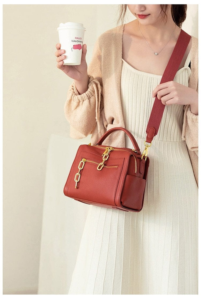 Gold-tone Chains Zippered Top Grain Genuine Leather Boston Satchel bags WAAMII   