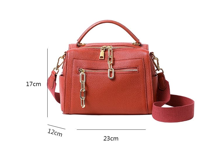 Gold-tone Chains Zippered Top Grain Genuine Leather Boston Satchel bags WAAMII   