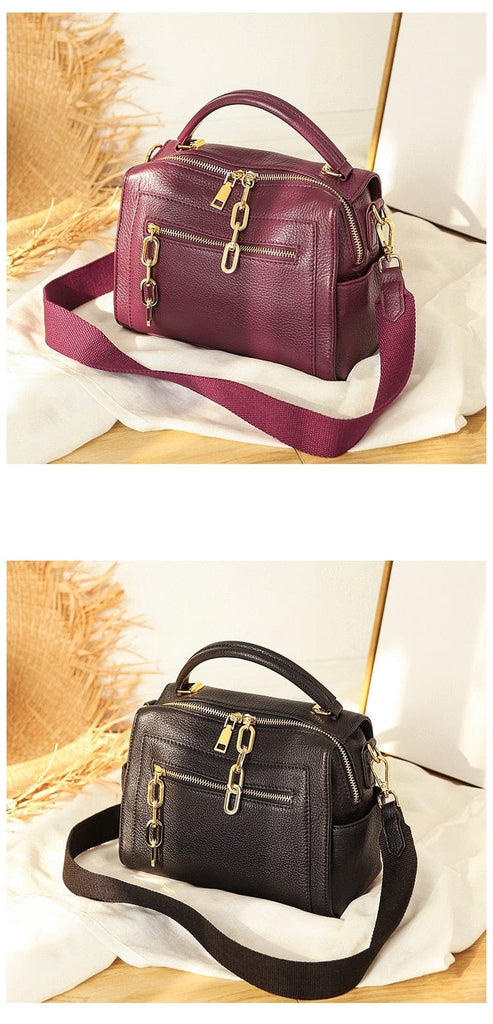 Gold-tone Chains Zippered Top Grain Genuine Leather Boston Satchel bags WAAMII   