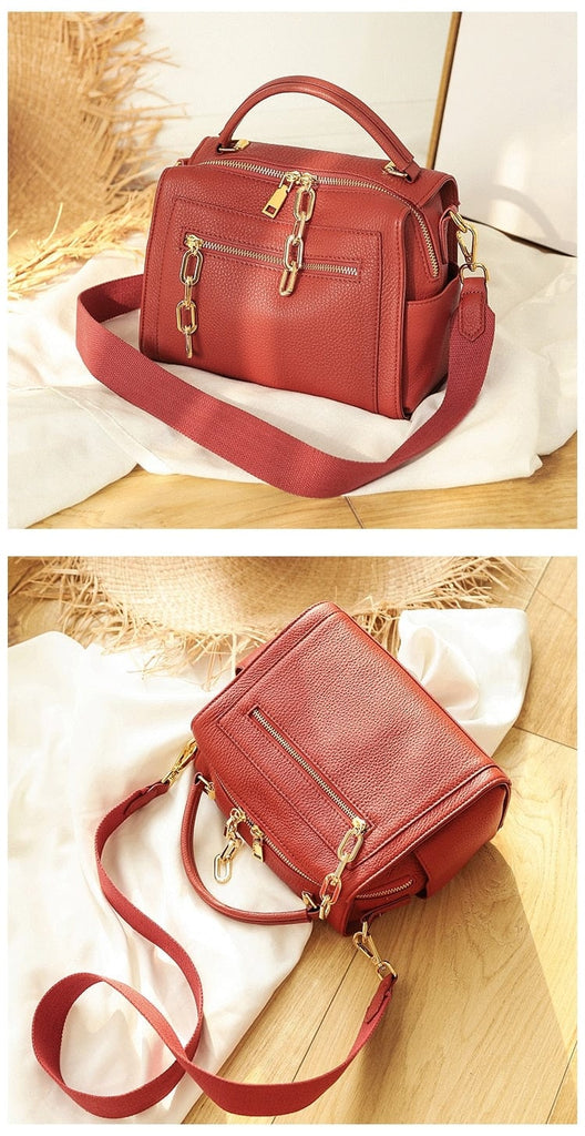 Gold-tone Chains Zippered Top Grain Genuine Leather Boston Satchel bags WAAMII   