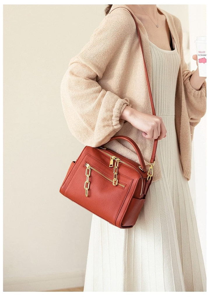 Gold-tone Chains Zippered Top Grain Genuine Leather Boston Satchel bags WAAMII   