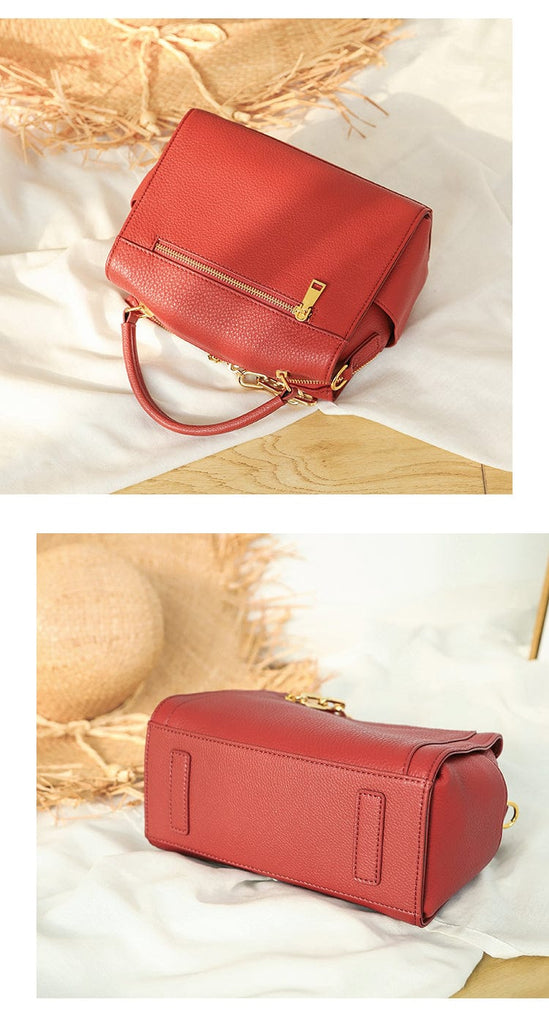 Gold-tone Chains Zippered Top Grain Genuine Leather Boston Satchel bags WAAMII   