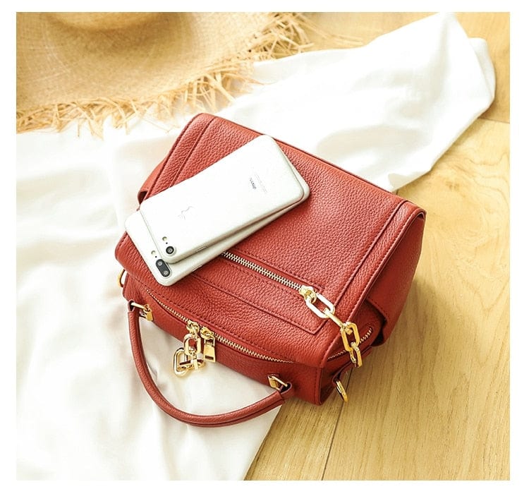 Gold-tone Chains Zippered Top Grain Genuine Leather Boston Satchel bags WAAMII   