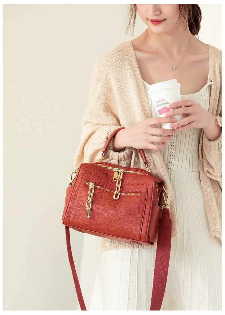Gold-tone Chains Zippered Top Grain Genuine Leather Boston Satchel bags WAAMII   