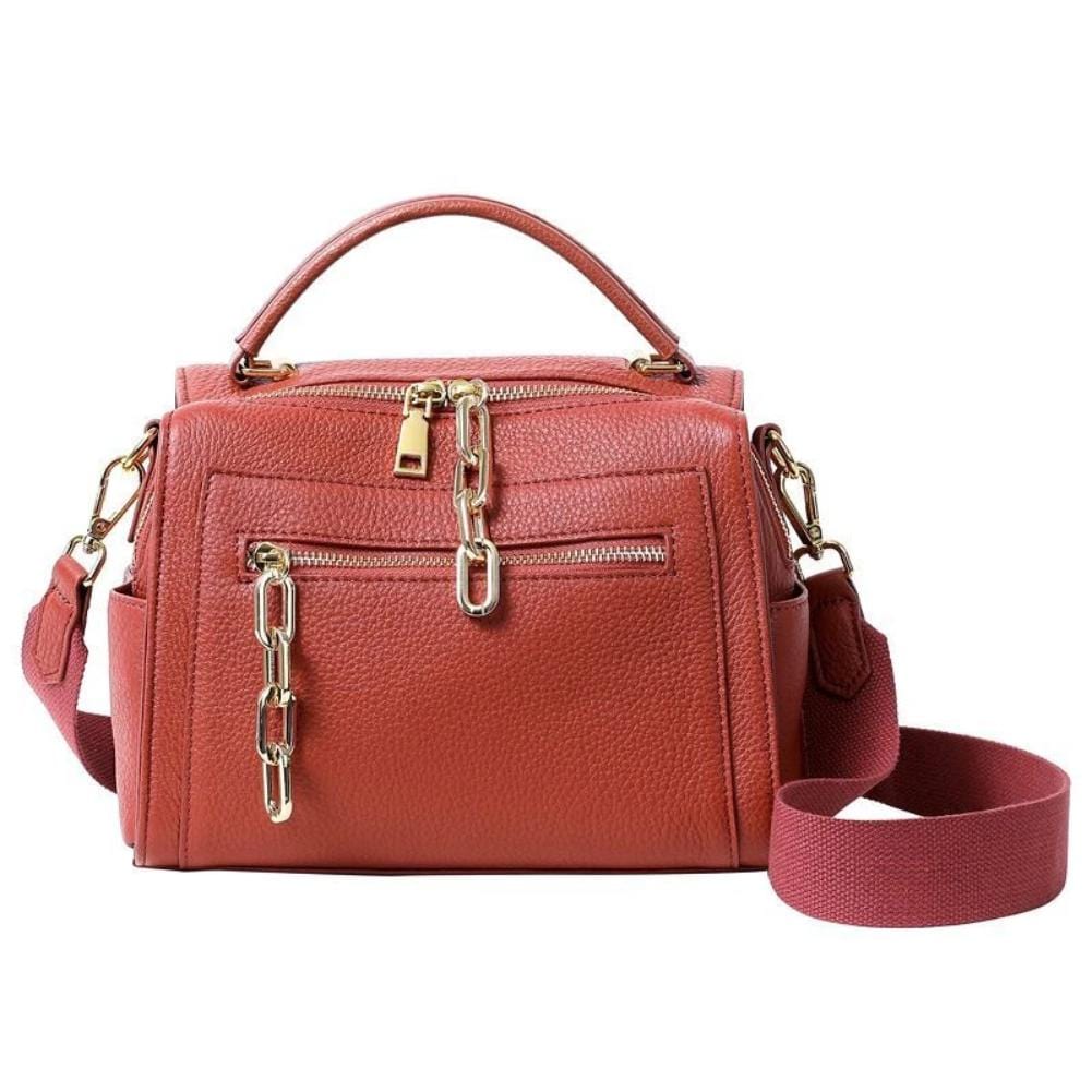 Gold-tone Chains Zippered Top Grain Genuine Leather Boston Satchel bags WAAMII   