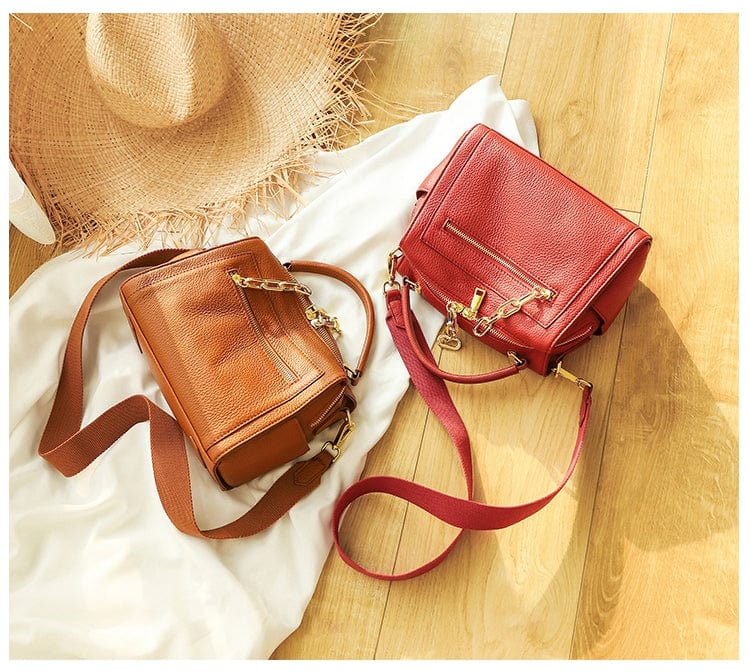 Gold-tone Chains Zippered Top Grain Genuine Leather Boston Satchel bags WAAMII   