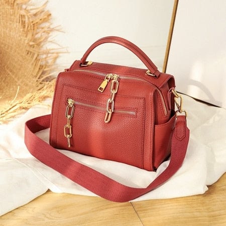 Gold-tone Chains Zippered Top Grain Genuine Leather Boston Satchel bags WAAMII Red  