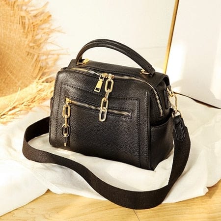 Gold-tone Chains Zippered Top Grain Genuine Leather Boston Satchel bags WAAMII Black  