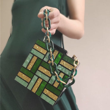 Green Gold Tone Acrylic Glitter Clutch Purse - Chain 2 - Luxury bags by WAAMII