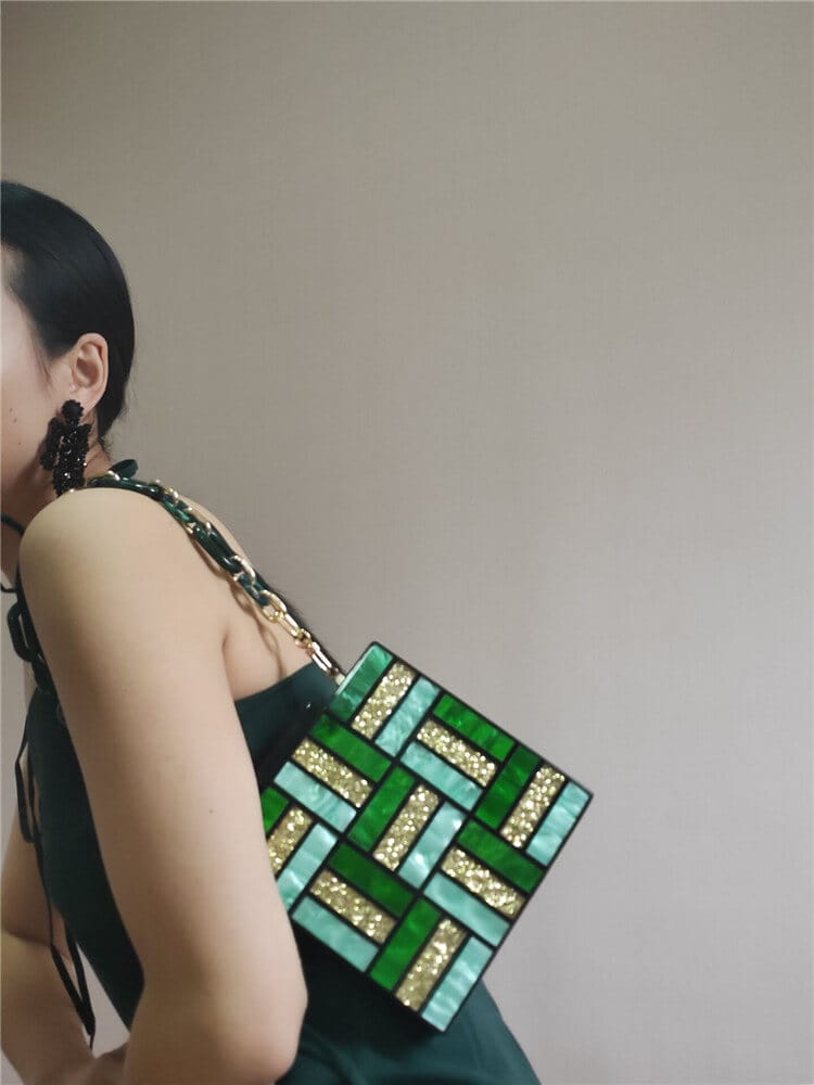 Green Gold Tone Acrylic Glitter Clutch Purse - - Luxury bags by WAAMII