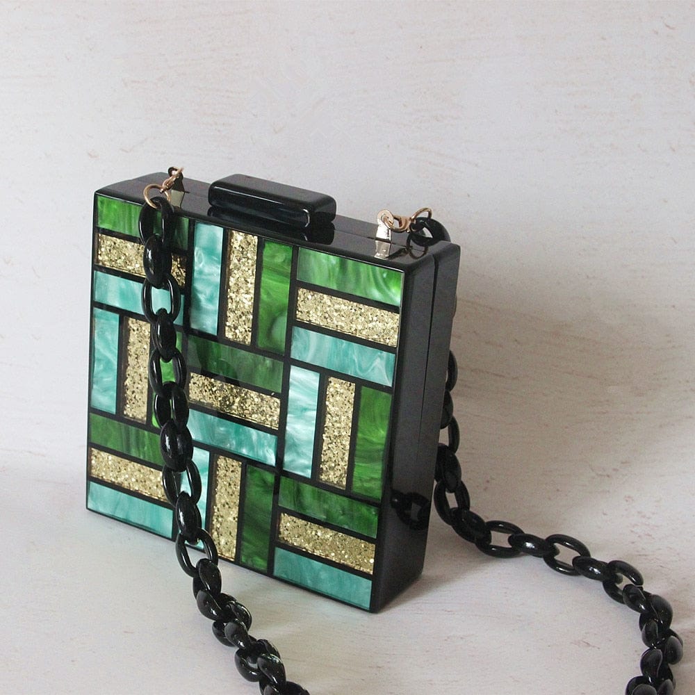 Green Gold Tone Acrylic Glitter Clutch Purse bags WAAMII Chain 1  