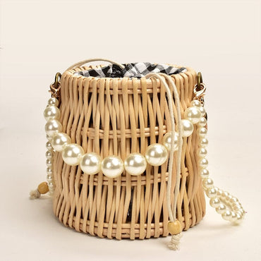 Hand-woven Natural Plant Willow Straw Bag Rattan Pearl Bucket Crossbody - - Luxury bags by WAAMII
