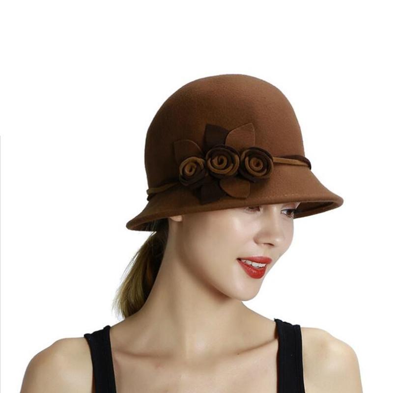 Handmade Flowers Womens Wool Bucket Hat Fedoras For Winter Accessories WAAMII   