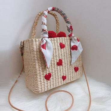 Handmade Natural Straw Basket Beach Bag With Ribbons - Love - Luxury bags by WAAMII