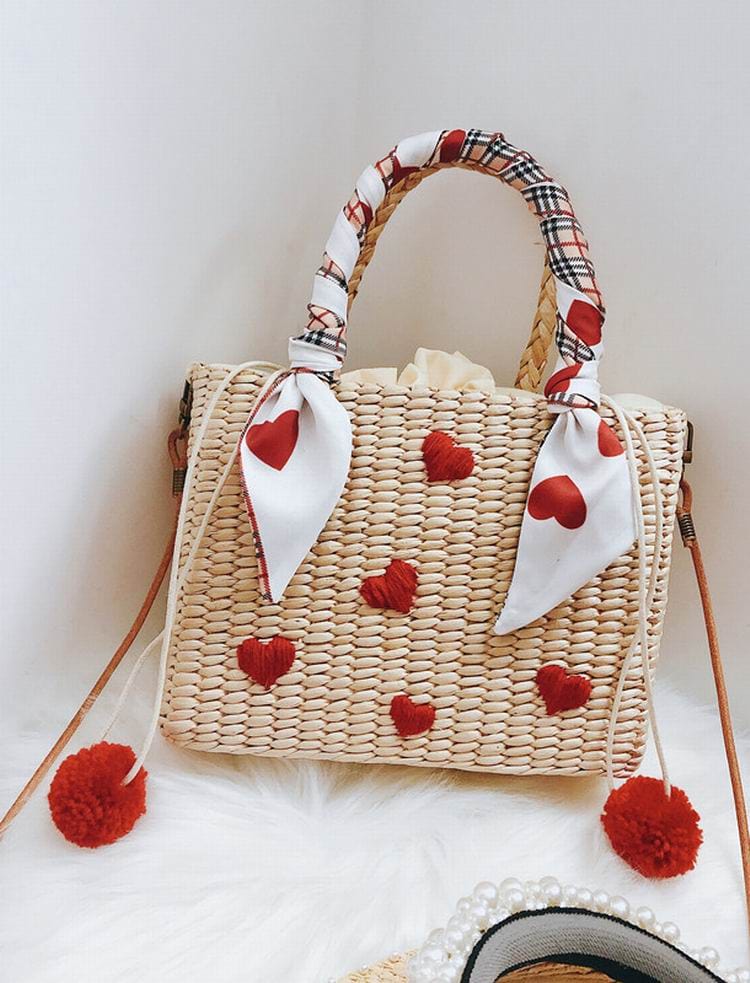 Handmade Natural Straw Basket Beach Bag With Ribbons bags WAAMII   