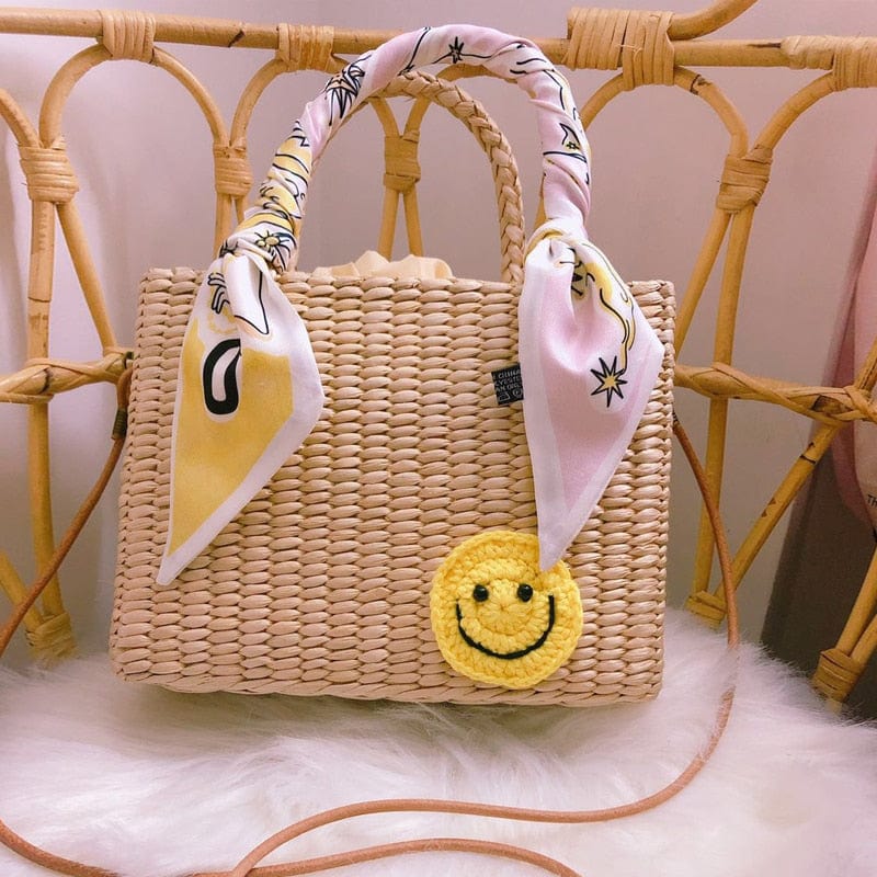 Handmade Natural Straw Basket Beach Bag With Ribbons bags WAAMII Smiley  