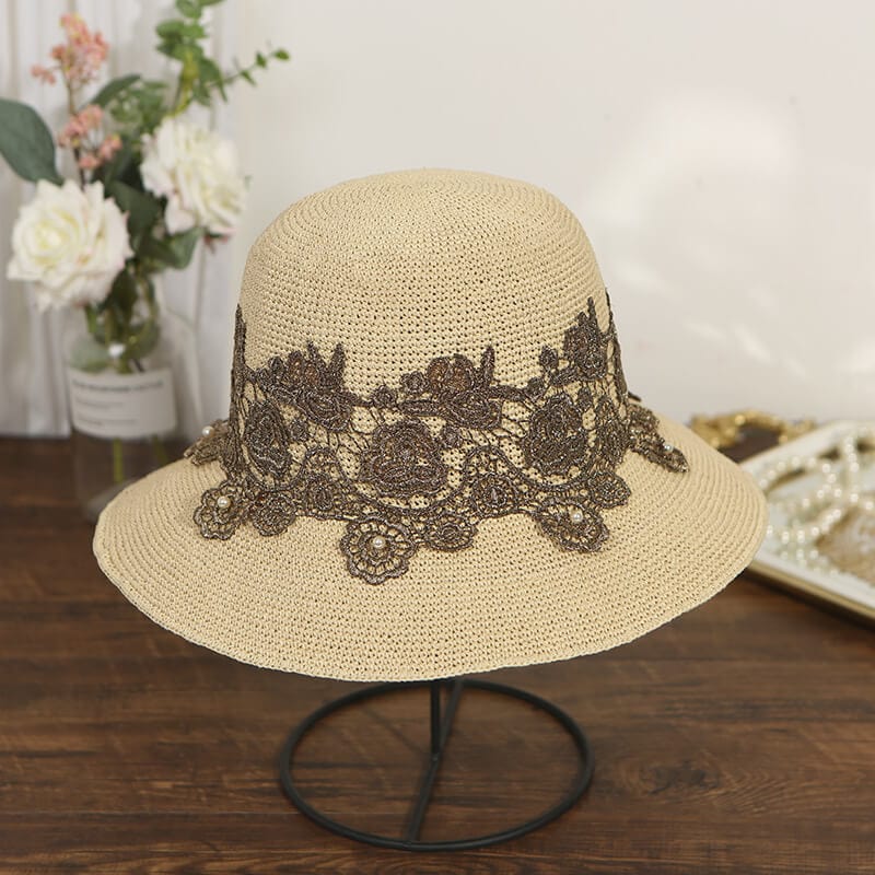 Handmade Packable Lace Embroidered Floral Straw Hats Summer Caps Beach Hat-WCM092 Accessories WAAMII Beige  
